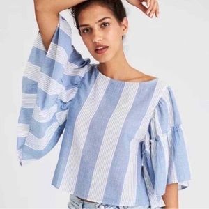 American Eagle Blue & White Wide Ruffle Bell Sleeve Top
